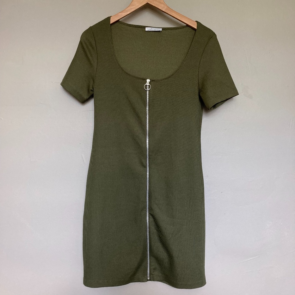 Zara Green Front Zip Bodycon Dress - Size L
